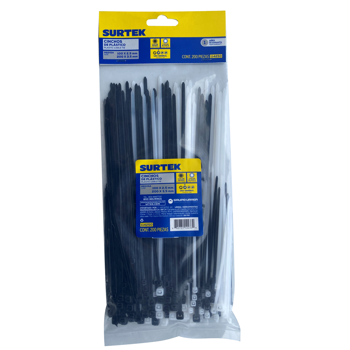 Cinchos de plásticos combinado s en bolsa, tensión 8kg de 200 piezas, color natural y negro