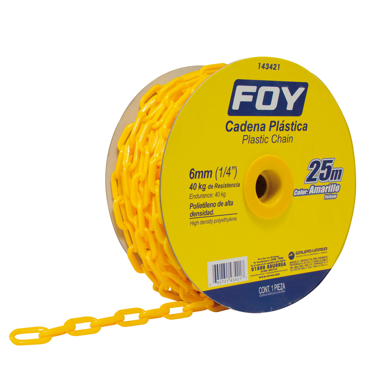 Cadena plástica 6 mm x 1/4 in 25 mt 40 kg amarilla Foy