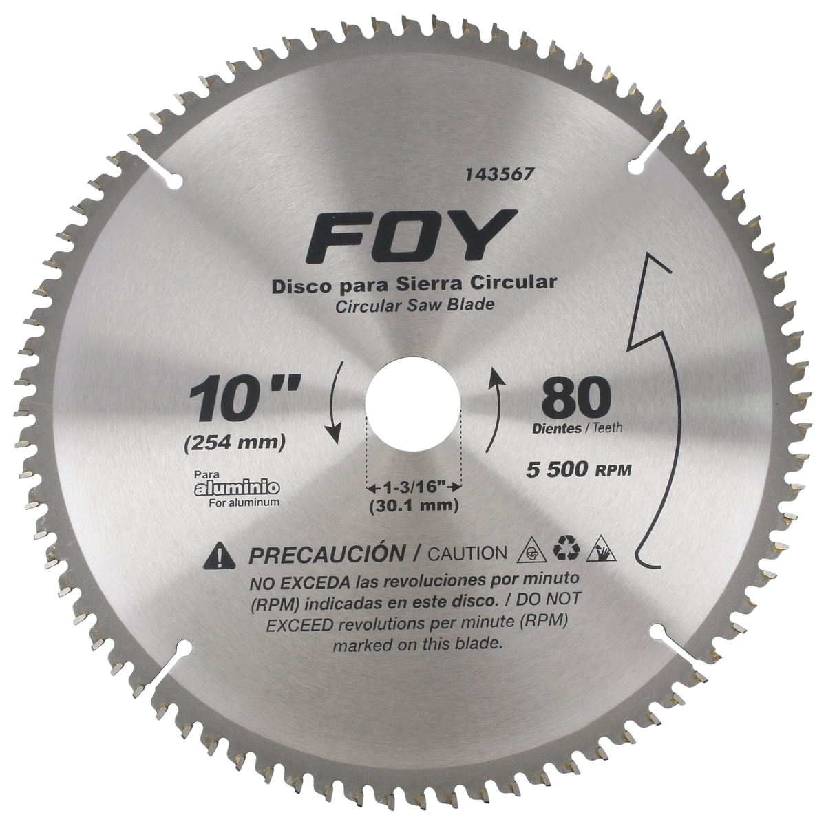 Disco p/sierra circular 10 in, centro 1-3/16 in, 80 dientes FOY