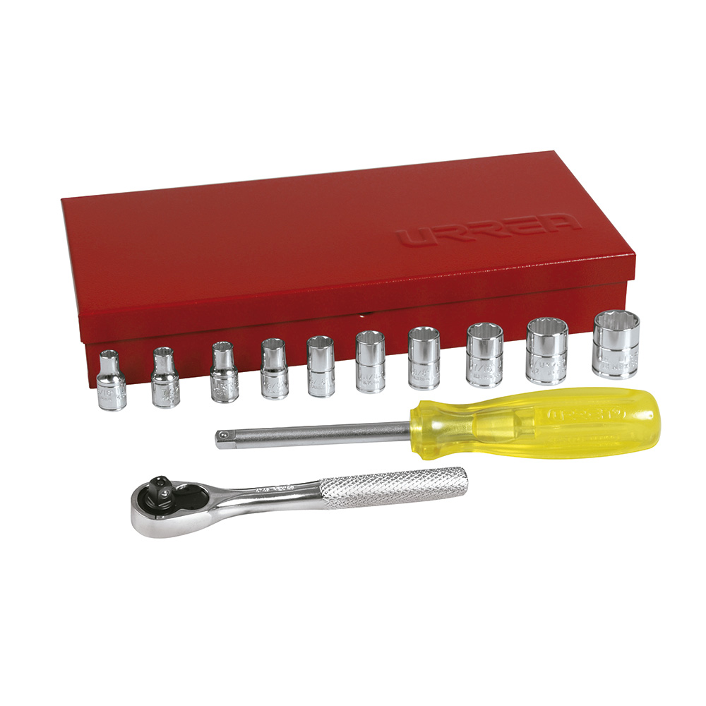 Juego dados y accesorios cuadro 1/4 in pulgadas 13 pzas Urrea