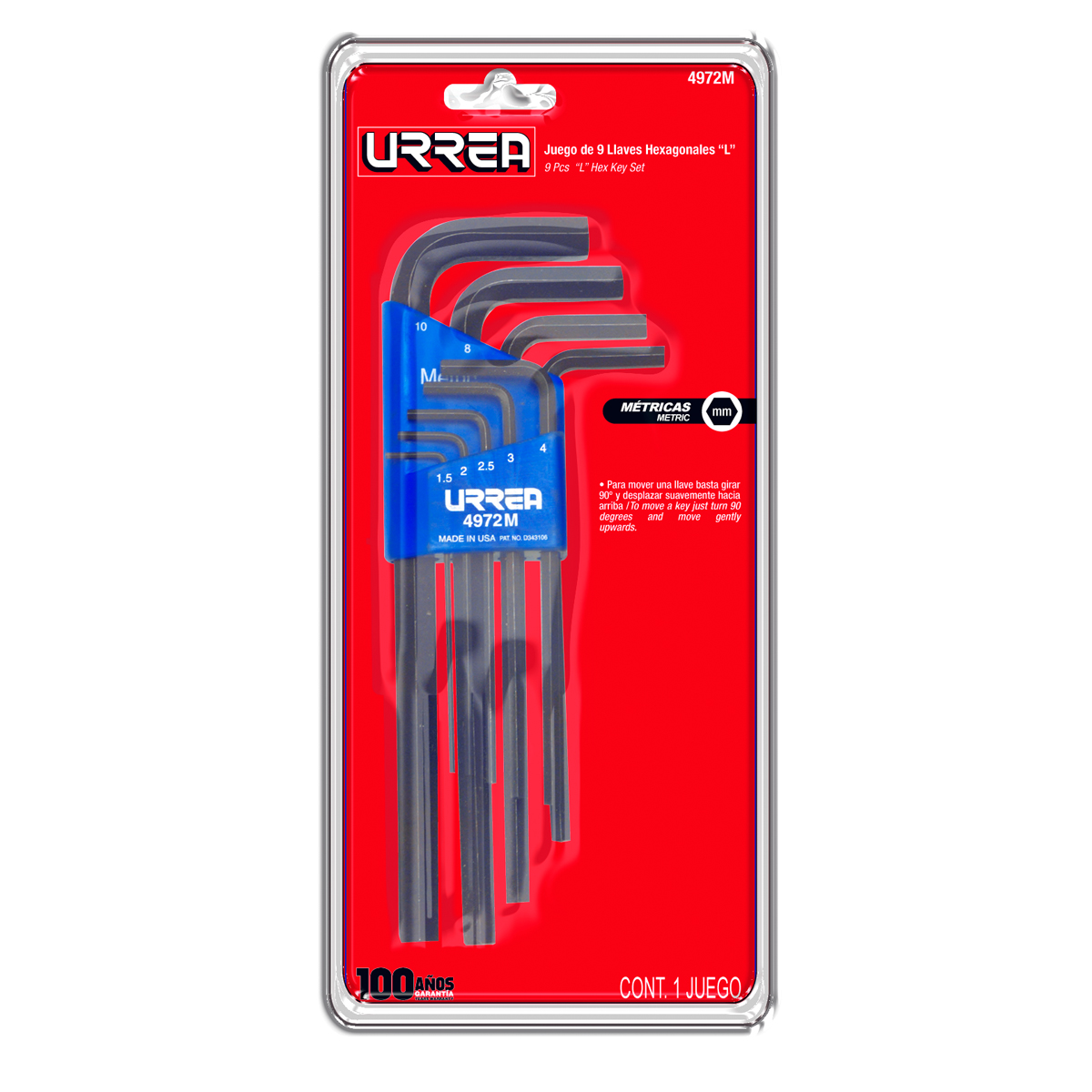 Juego de 9 llaves hexagonales inL in métricos rack Urrea