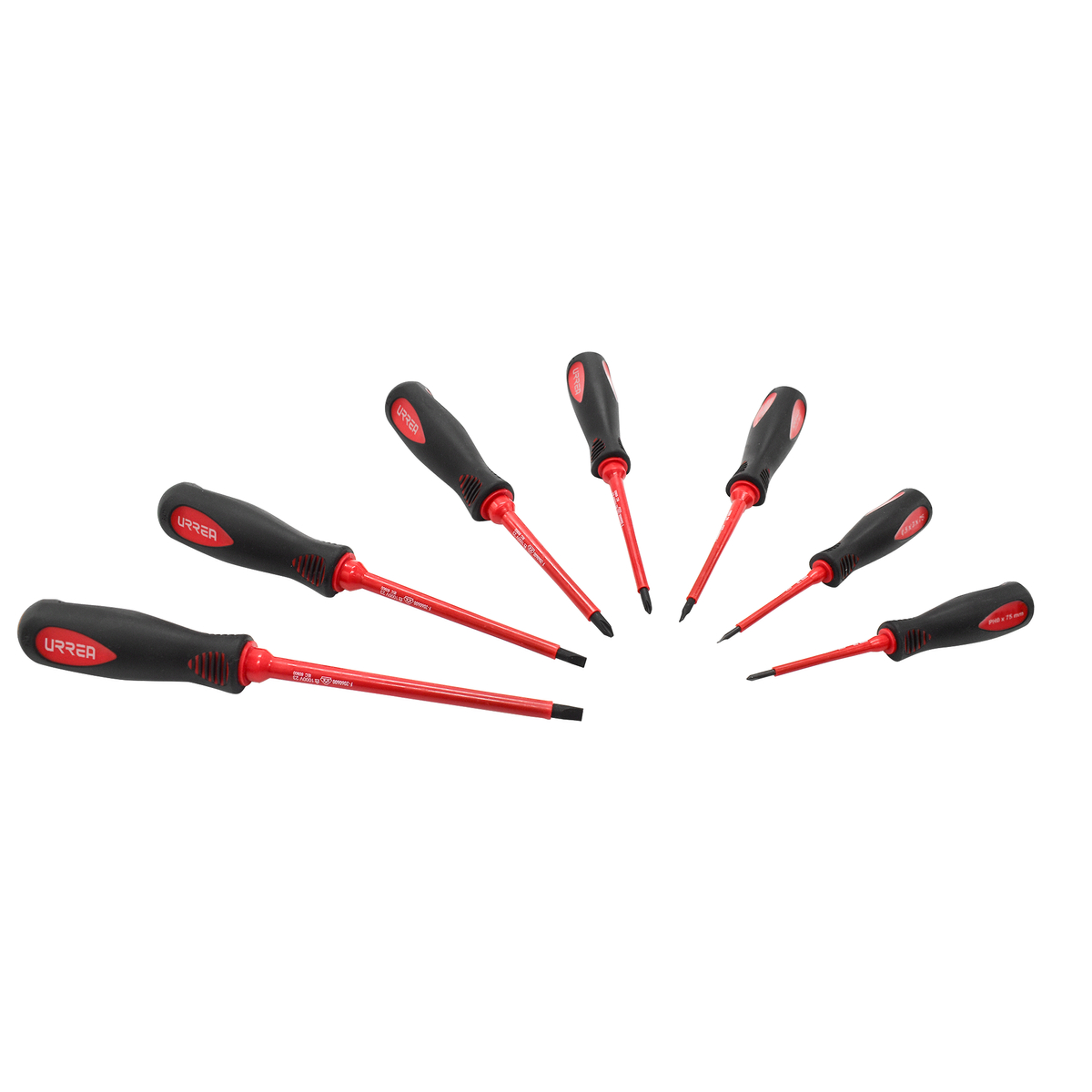 Juego de destornilladores con mango bimaterial 1000 V combin ados, punta maquillada, 7 piez