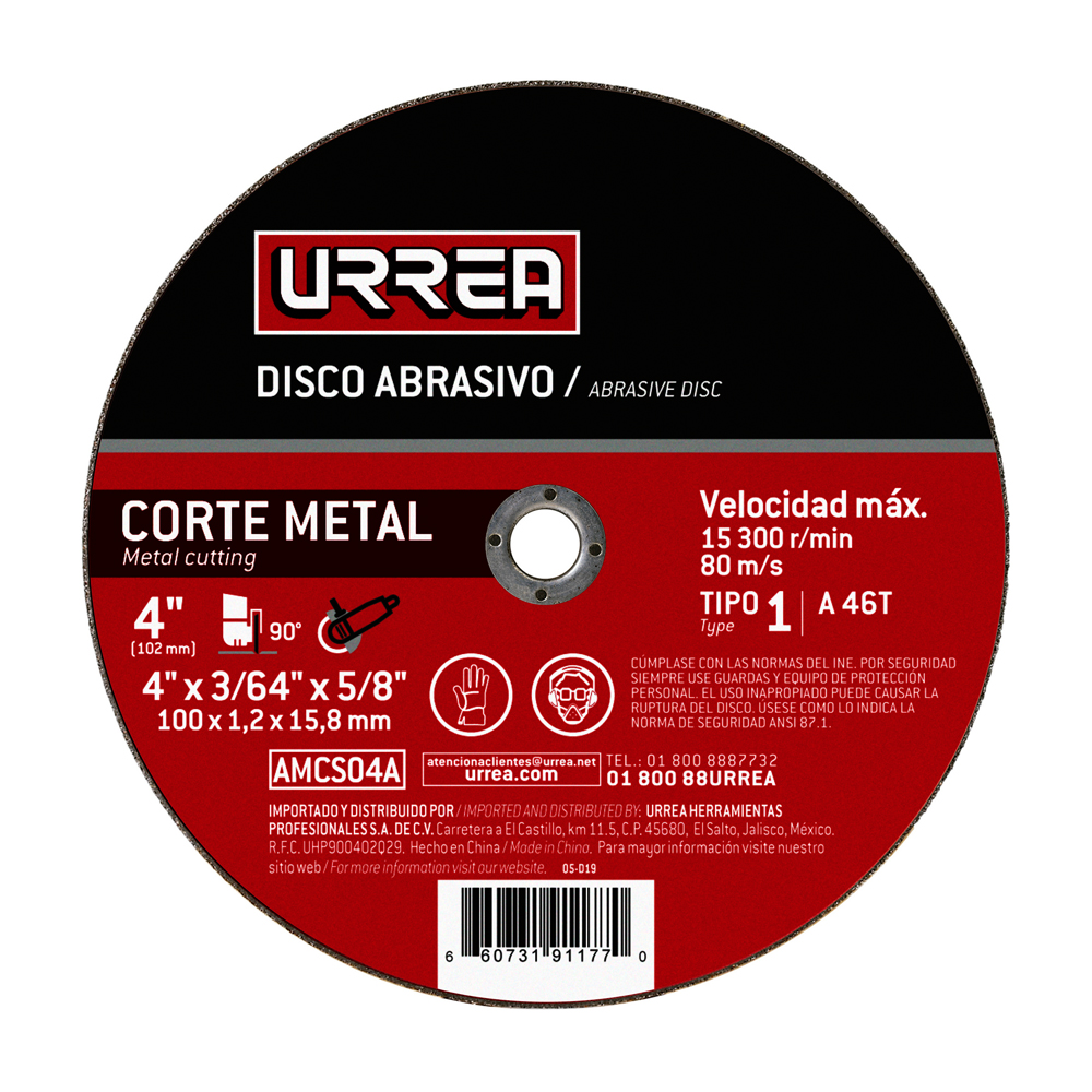Disco abrasivo 4 in, 4000 rpm- 15 300 rpm tipo: 1 Urrea.