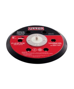 Urrea Respaldo para lijadora UP861A de 6 in de diámetro, rosca de 5/16 in-24, con cara adhesión por gancho y felpa (hook & loop), 6 orificios de aspiración y velocidad máxima de 12000 rpm.