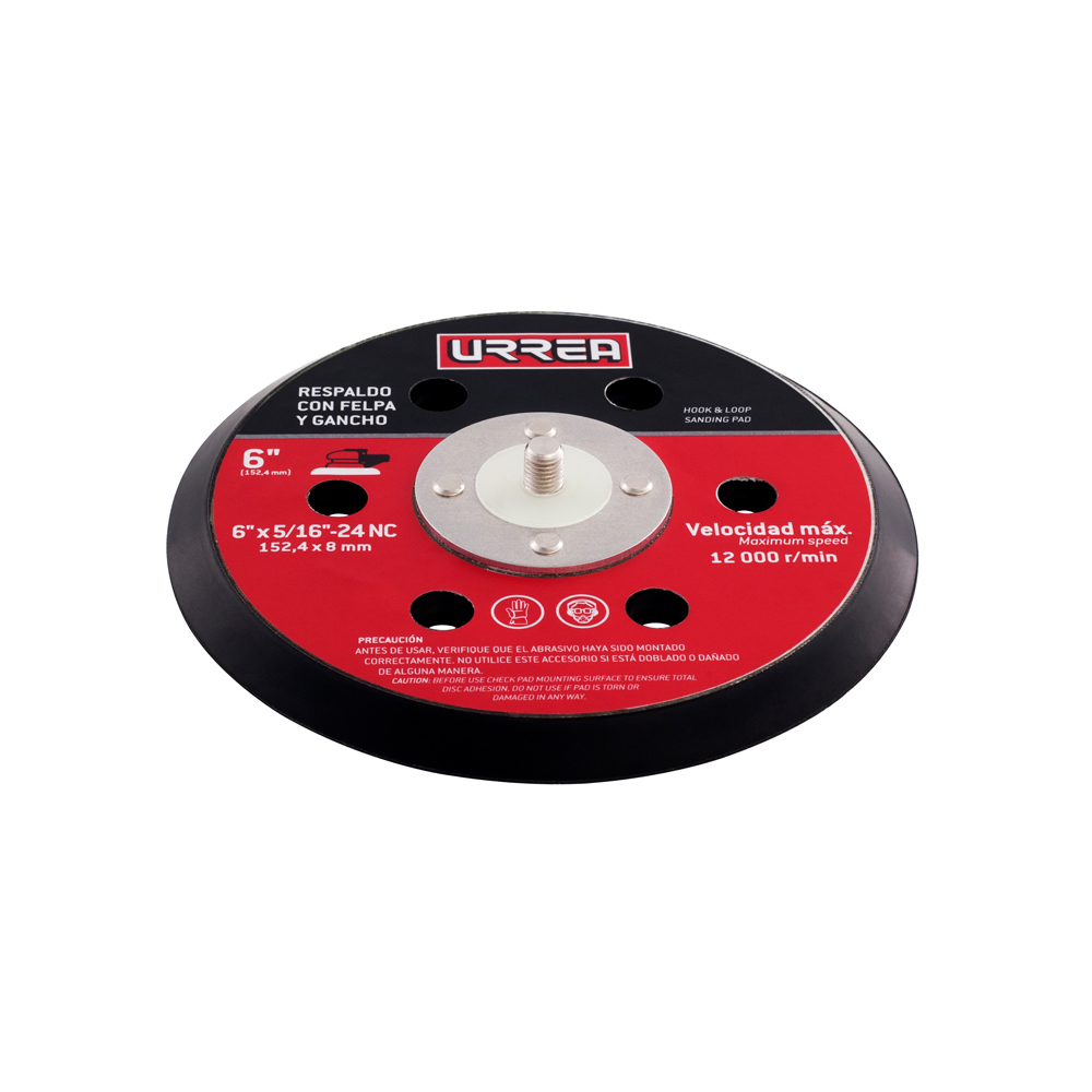 Urrea Respaldo para lijadora UP861A de 6 in de diámetro, rosca de 5/16 in-24, con cara adhesión por gancho y felpa (hook & loop), 6 orificios de aspiración y velocidad máxima de 12000 rpm.