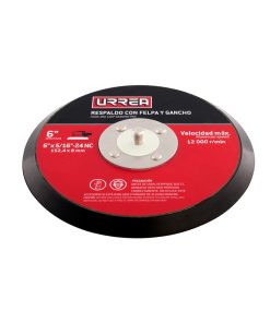 Urrea Respaldo para lijadora UP890A de 6 in de diámetro, rosca de 5/16 in-24, con cara adhesión por gancho y felpa (hook & loop), velocidad máxima de 12000 rpm.