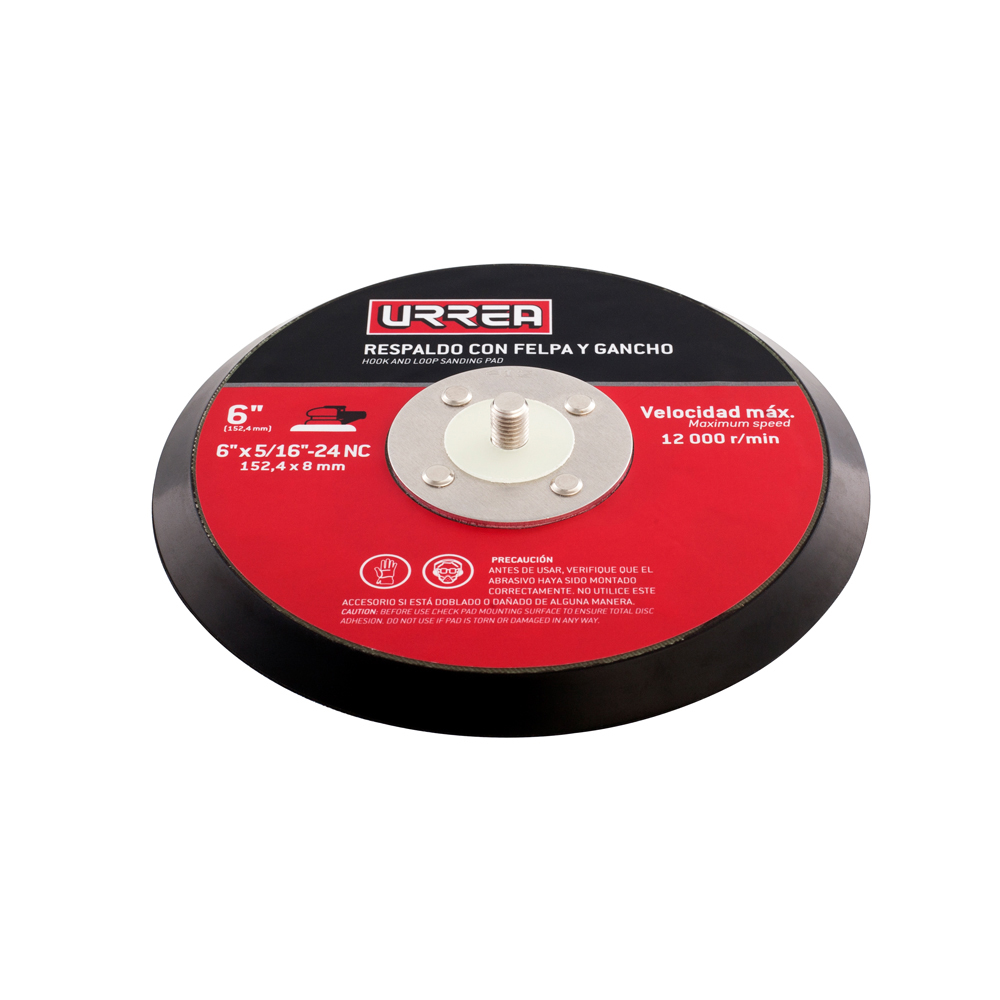 Urrea Respaldo para lijadora UP890A de 6 in de diámetro, rosca de 5/16 in-24, con cara adhesión por gancho y felpa (hook & loop), velocidad máxima de 12000 rpm.