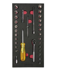 Juego dados y acc. Cuadro 1/4 in mm & SAE cortos 31 pzs Urrea