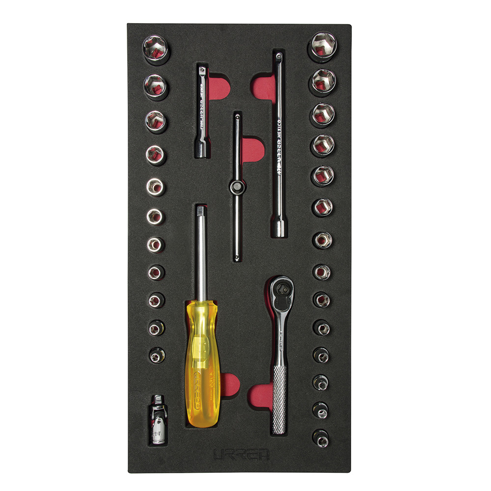 Juego dados y acc. Cuadro 1/4 in mm & SAE cortos 31 pzs Urrea