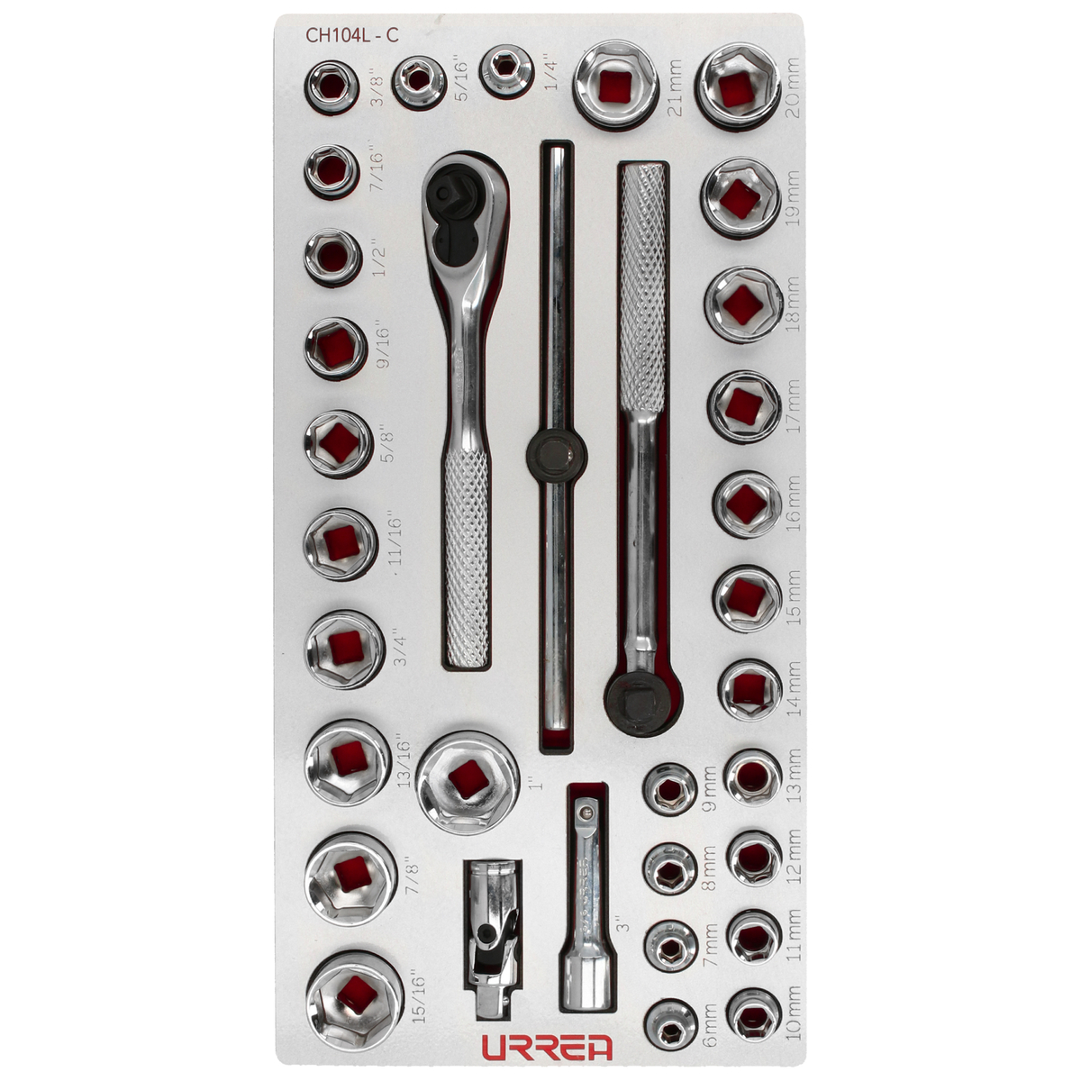 Jgo dados y accesorios 35 pzas 3/8 in módulo laminado Urrea.