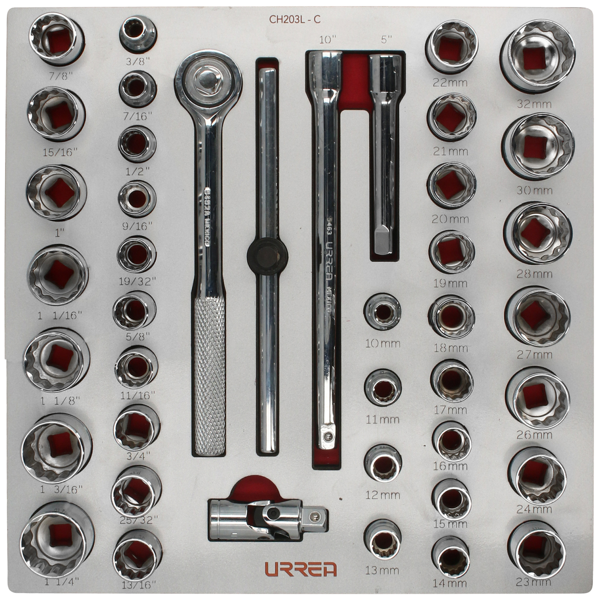 Jgo dados y accesorios 42 pzas 1/2 in módulo laminado Urrea.