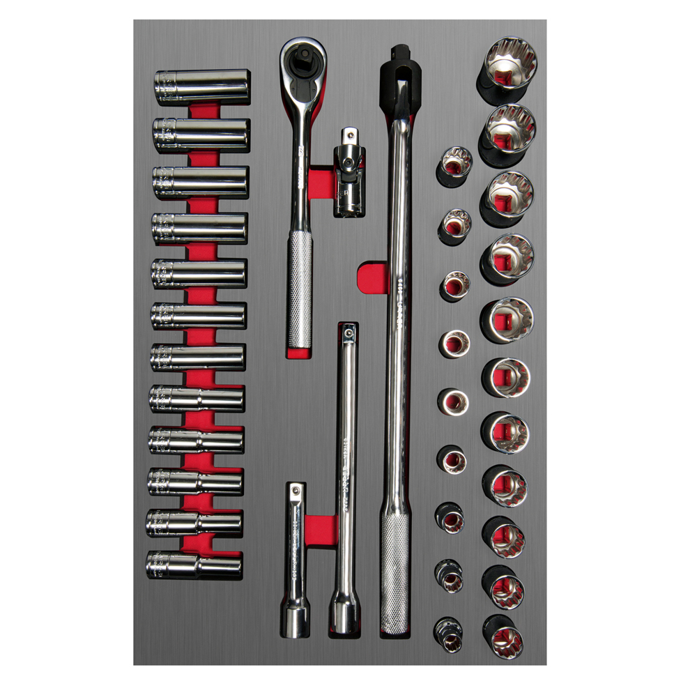 Jgo de dados y accesorios 37 pzas 1/2 in módulo laminado Urrea.