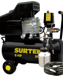 Kit de compresor de aire horizontal con capacidad del tanque de 25 L, presión máxima de trabajo de 115 psi, caudal máximo de 224 L/min, voltaje de 120 V, frecuencia de 60 Hz y potencia de 2 HP Surtek