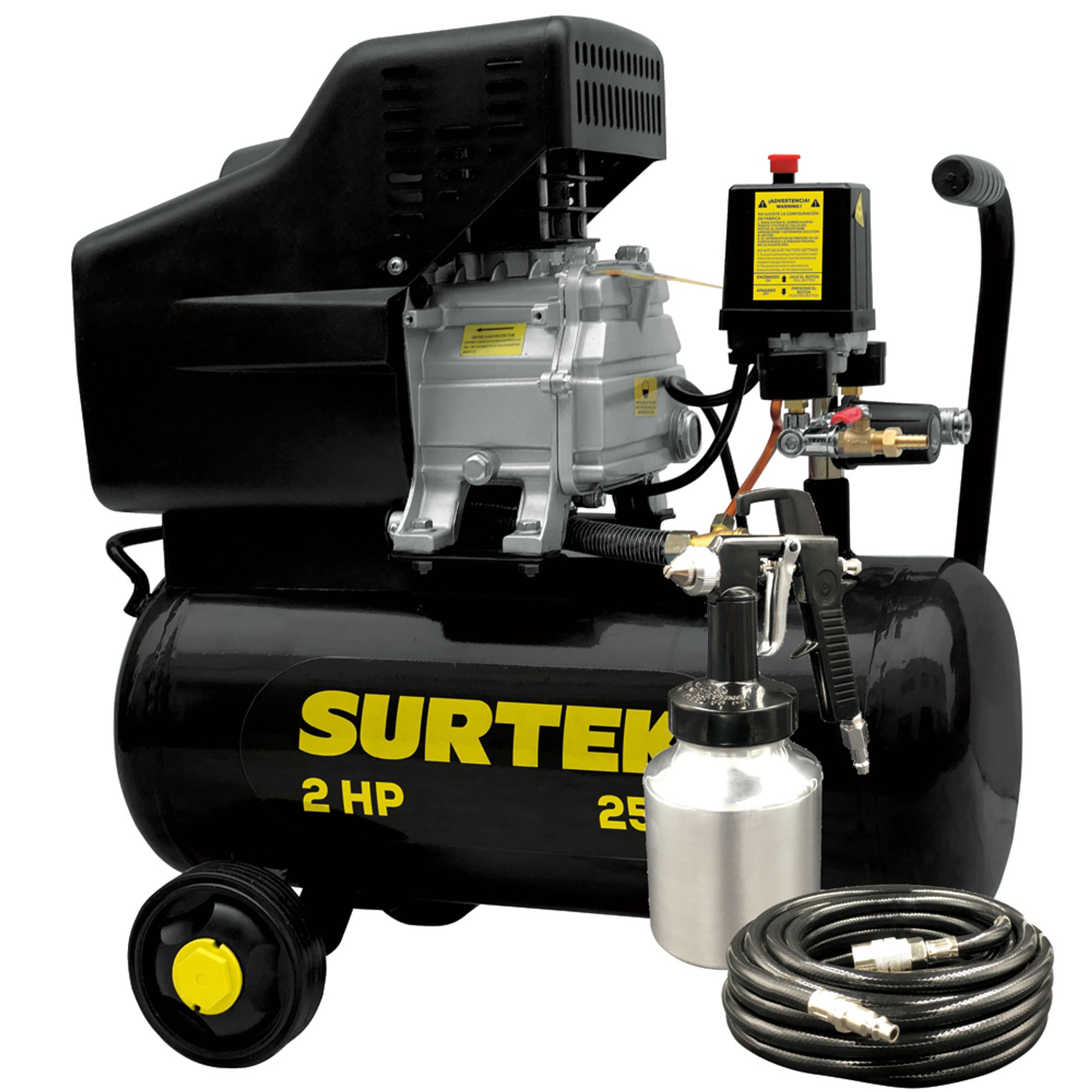 Kit de compresor de aire horizontal con capacidad del tanque de 25 L, presión máxima de trabajo de 115 psi, caudal máximo de 224 L/min, voltaje de 120 V, frecuencia de 60 Hz y potencia de 2 HP Surtek