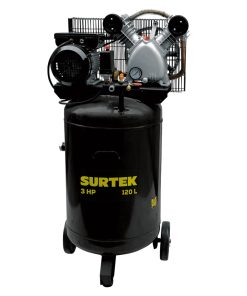 Compresor de aire vertical con capacidad del tanque de 120 L, presión máxima de trabajo de 115 psi, caudal máximo de 335 L/min, voltaje de 120 V, frecuencia de 60 Hz y potencia de 3 HP Surtek