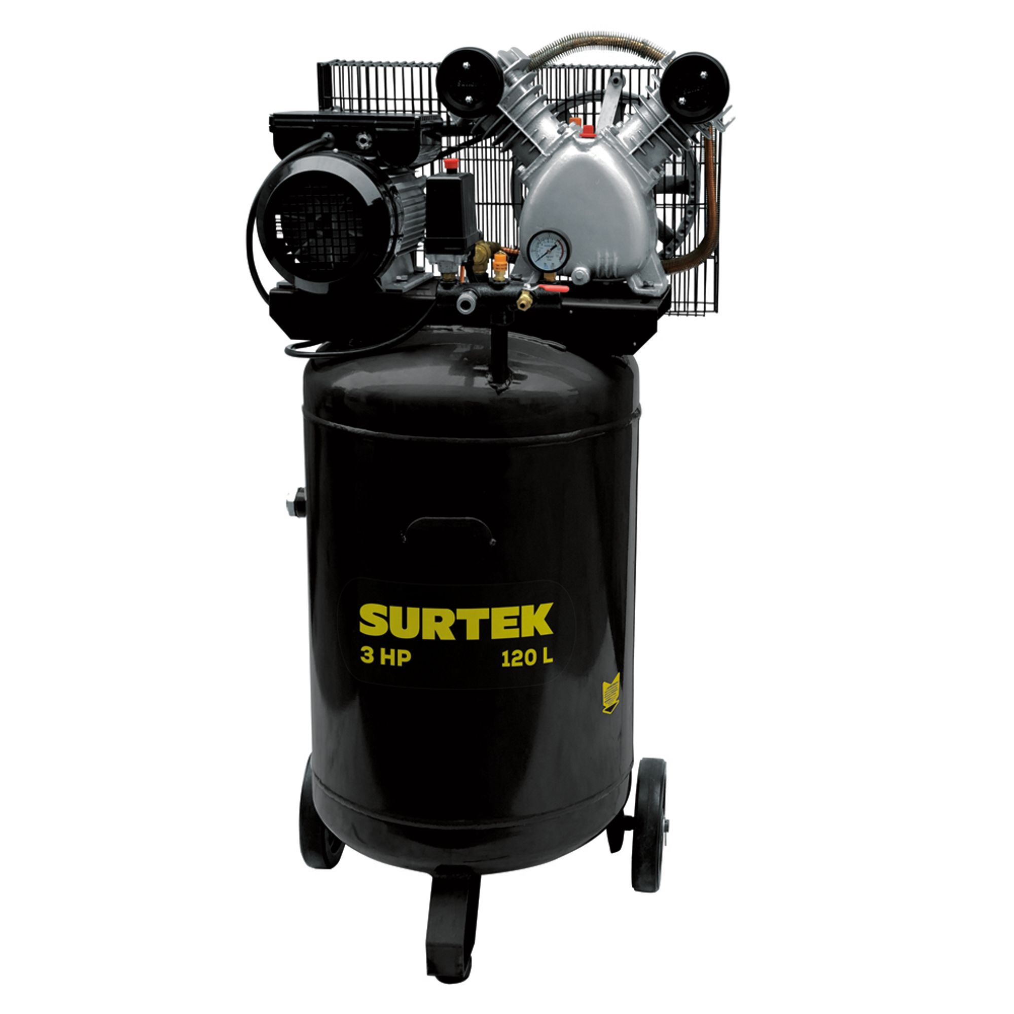 Compresor de aire vertical con capacidad del tanque de 120 L, presión máxima de trabajo de 115 psi, caudal máximo de 335 L/min, voltaje de 120 V, frecuencia de 60 Hz y potencia de 3 HP Surtek