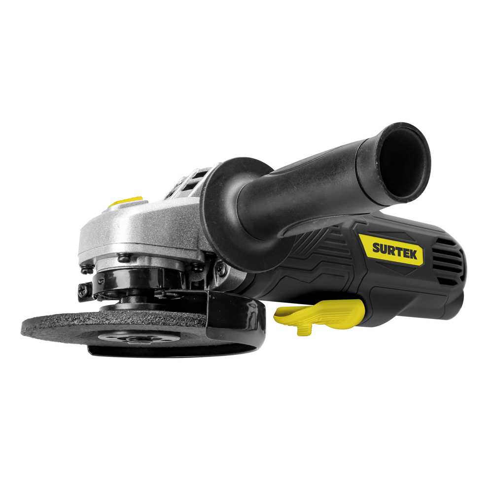 Esmeriladora angular de 4-1/2 in con potencia de 550 W, voltaje de 120 V y frecuencia de 60 Hz, con eje de disco de 5/8 in, y velocidad de 11,000 r/min. Surtek