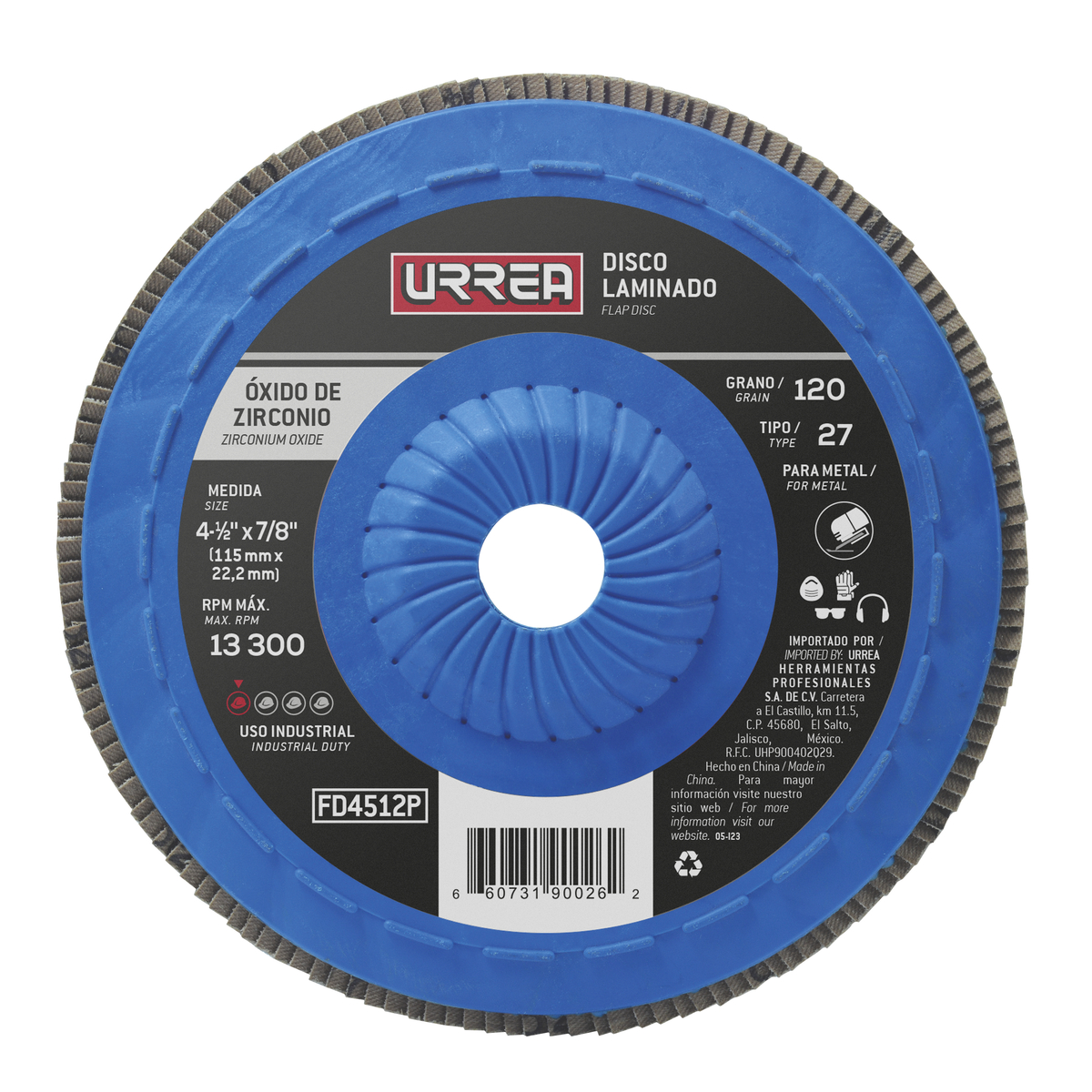 Disco laminado 4 1/2 in X 7/8 in 13,300 RPM, Grano 120 Urrea