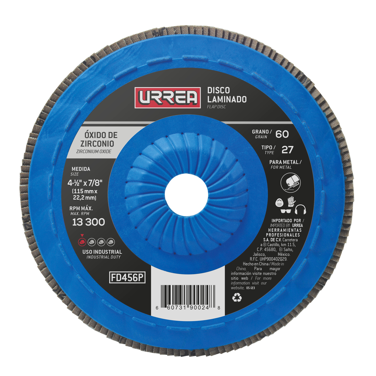 Disco laminado 4 1/2 in X 7/8 in 13,300 RPM, Grano 60 Urrea