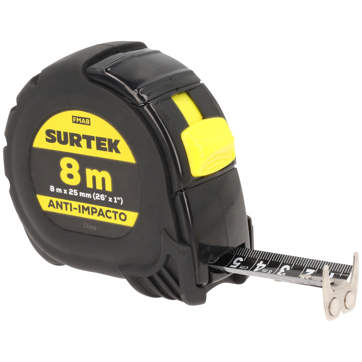 Flexómetro con carcasa anti-im pacto cinta color negro, 8 m x 25 mm