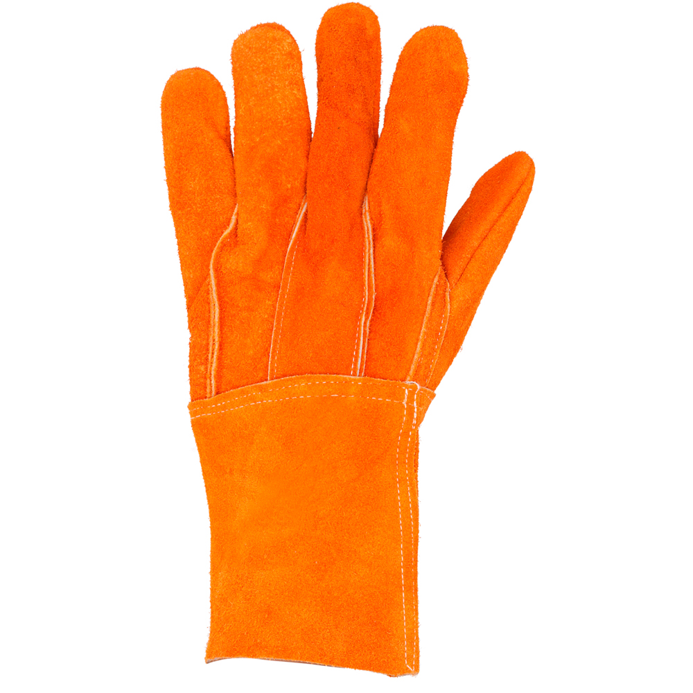 Surtek Guante de carnaza largo para soldadura, herrería y manejo de materiales con puño de seguridad de expulsión rápida, unitalla, con refuerzo en palma, resistente a la abrasión y temperaturas moderadas.