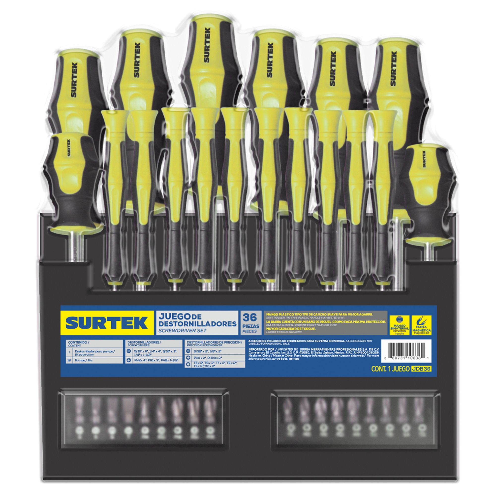 Juego de 36 destornilladores bimaterial con Rack plástico Surtek