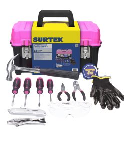 Surtek Juego de herramientas basicas con caja plástica rosa 13 piezas