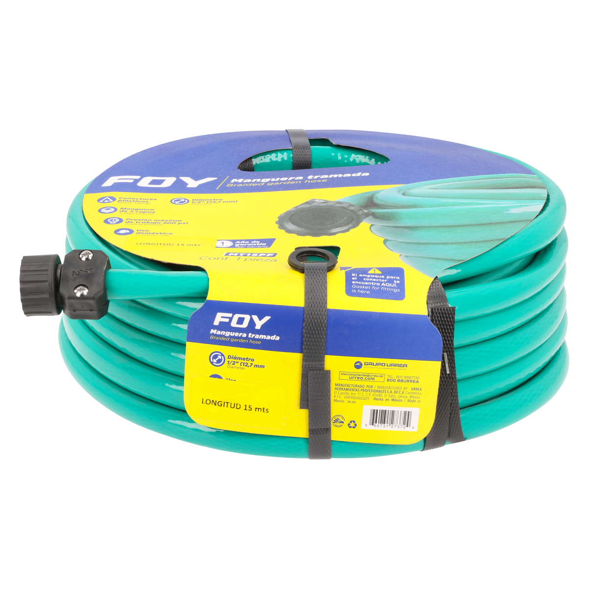Manguera para jardín tramada c on conector plástico 1/2 in, 15 m