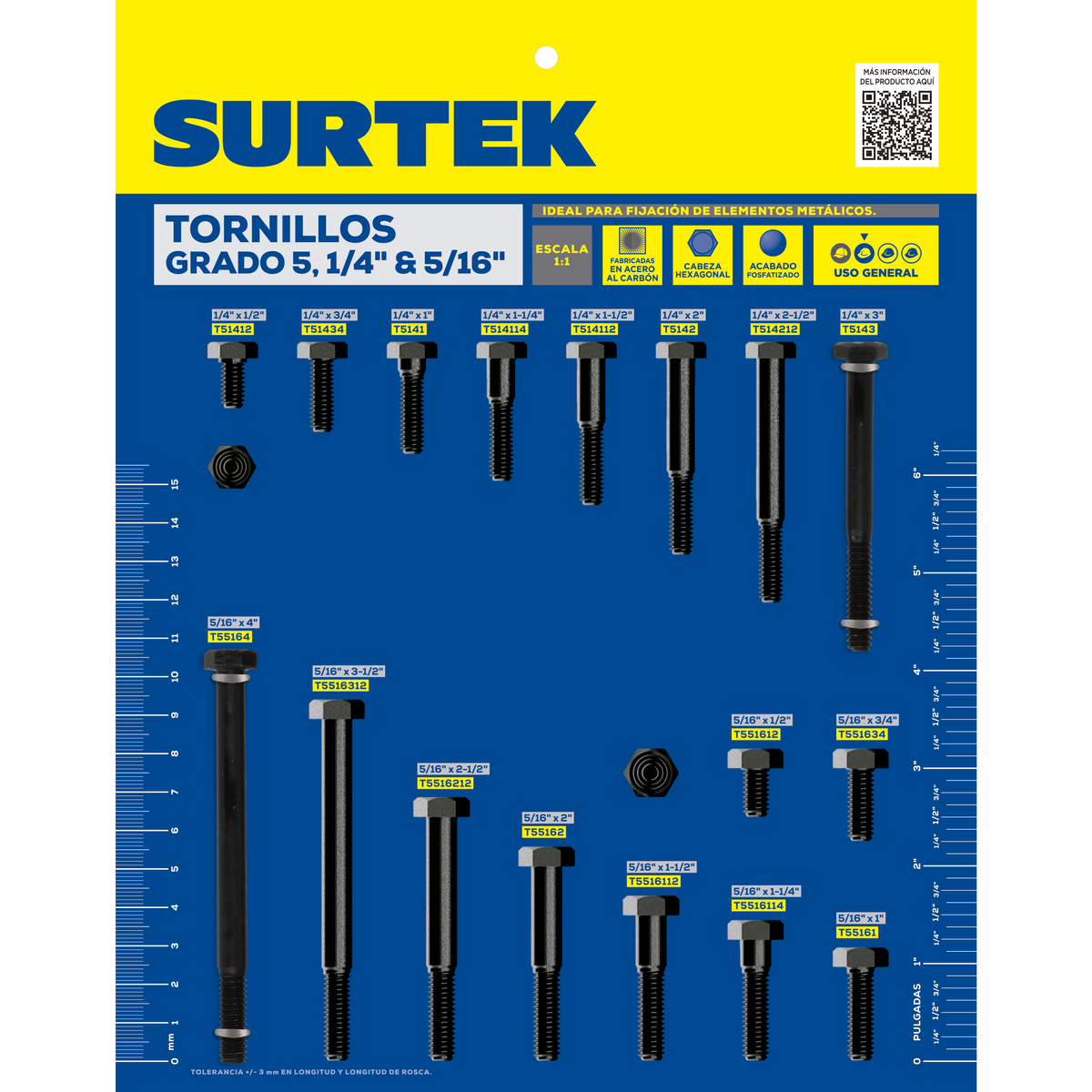 Muestrario de tornillos 5°, 1/ 4 in y 5/16 in