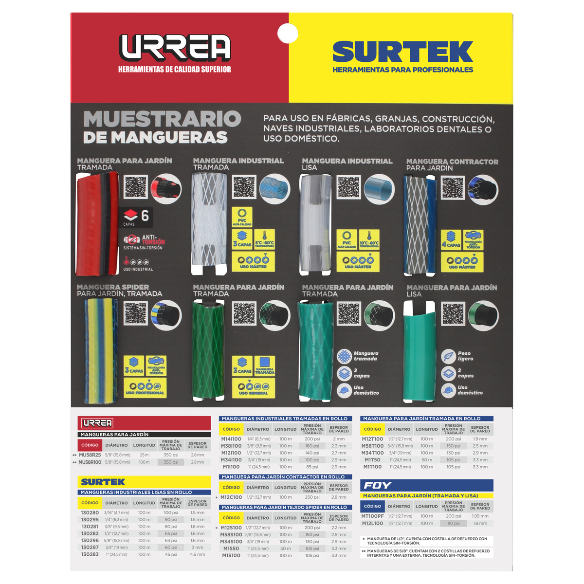 Muestrario de mangueras indust riales y jardín