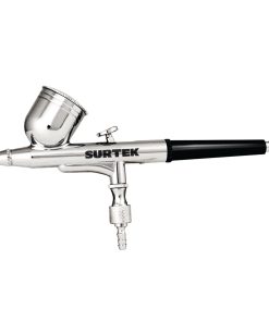 Aerógrafo profesional por gravedad con presión de trabajo de 30 psi. Capacidad de vaso de 7 ml, sistema de doble acción. Con control de paso de aire Surtek