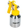 Pistola para pintar de baja presión con una presión de trabajo de 45 psi, capacidad de vaso de 1 L, entrada de aire de 1/4 in NPT. Consumo de aire de 3.8 sfcm, diámetro interno de manguera 3/8 in Surtek