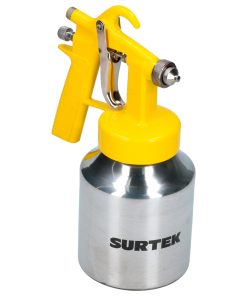 Pistola para pintar de baja presión con una presión de trabajo de 45 psi, capacidad de vaso de 1 L, entrada de aire de 1/4 in NPT. Consumo de aire de 3.8 sfcm, diámetro interno de manguera 3/8 in Surtek