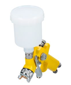 Mini pistola de gravedad con presión de trabajo de 50 psi, capacidad de vaso de 125 ml, entrada de aire de 1/4 in NPT. Consumo de aire de 2.8 scfm, diámetro interno de manguera de 3/8 in. Mezcla externa Surtek