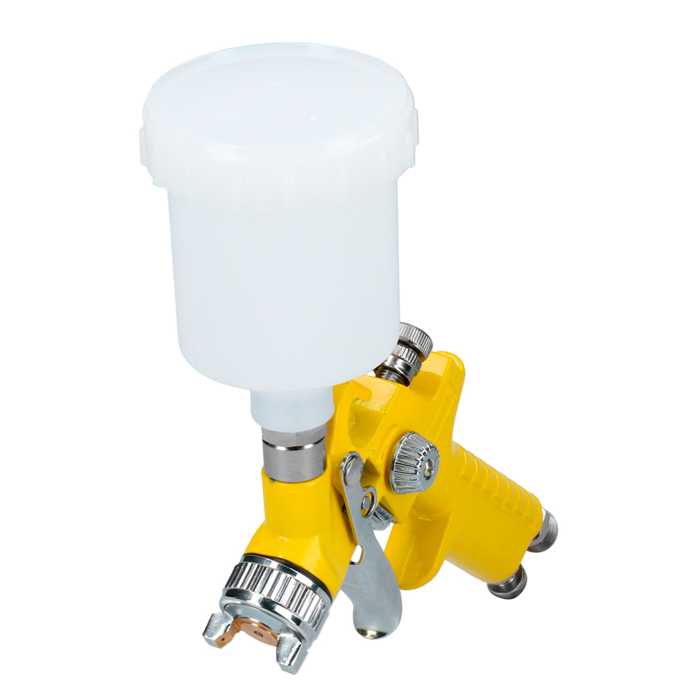 Mini pistola de gravedad con presión de trabajo de 50 psi, capacidad de vaso de 125 ml, entrada de aire de 1/4 in NPT. Consumo de aire de 2.8 scfm, diámetro interno de manguera de 3/8 in. Mezcla externa Surtek
