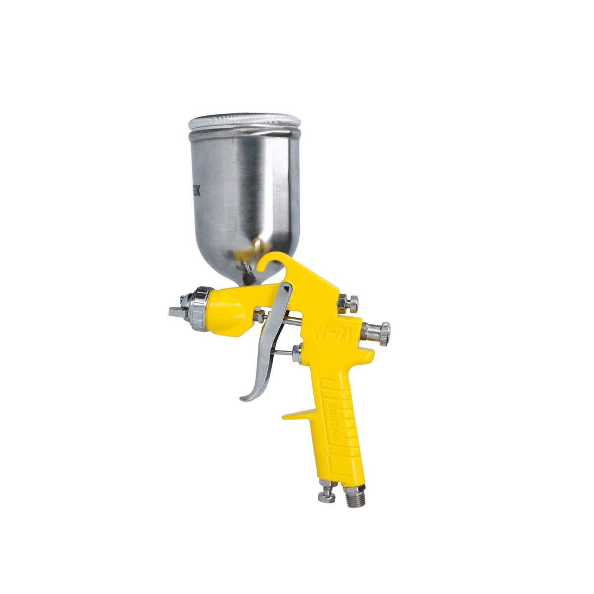Pistola para pintar de gravedad con vaso giratorio. Presión de trabajo de 70 psi, capacidad de vaso de 300 ml. Entrada de aire de 1/4 in NPT. Consumo de aire de 2.6 sfcm Surtek