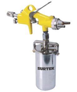 Pistola para terminados con presión de trabajo de 70 psi, capacidad de vaso de 250 ml. Consumo de aire de 4 sfcm, diámetro interno de manguera de 3/8 in, entrada de aire de 1/4 in NPT Surtek