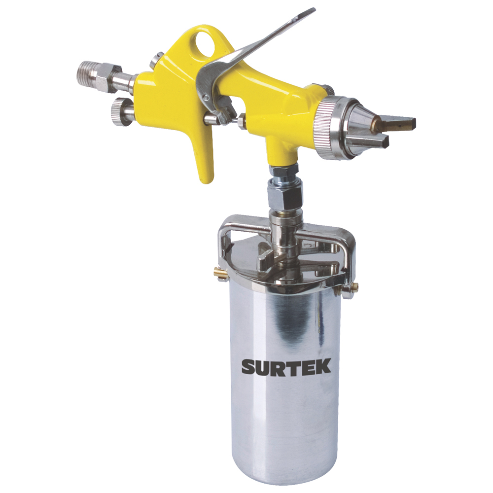 Pistola para terminados con presión de trabajo de 70 psi, capacidad de vaso de 250 ml. Consumo de aire de 4 sfcm, diámetro interno de manguera de 3/8 in, entrada de aire de 1/4 in NPT Surtek