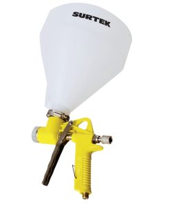 Pistola para texturizados con una presión de trabajo de 57 psi, capacidad de vaso de 4.5 L, entrada de aire de 1/4 in NPT. Consumo de aire de 7 scfm, diámetro interno de manguera de 3/8 in Surtek