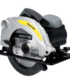 Sierra circular 7-1/4 in, eje de disco 5/8 in, potencia de 1200 W, consumo eléctrico de 0.84 kWh, voltaje de 120 V, frecuencia de 60 Hz, velocidad máxima de 4500 rpm. Surtek