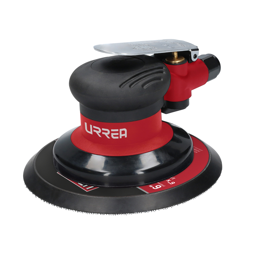 Lijadora roto-orbital neumática, con lija de 6 in. Velocidad sin carga de 12 000 rpm, diámetro de órbita de 3/16 in, presión de trabajo de 90 psi, consumo de aire de 6 CFM, conexión de entrada de aire de 1/4 in NPT, tipo de ajuste de lija hook & loop. Urrea
