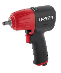 Pistola de impacto neumática con tamaño de cuadro de 3/8 in, capacidad de torque de 500 ft-lb, velocidad sin carga de 11 000 rpm, 1600 impactos por minuto, presión de trabajo de 90 psi, entrada de aire de 1/4 NPT y consumo de aire de 5 CFM Urrea