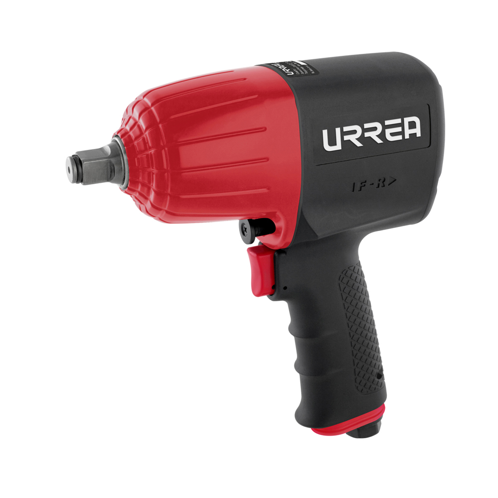 Pistola de impacto neumática con tamaño de cuadro de 1/2 in, capacidad de torque de 1000 ft-lb, velocidad sin carga de 7000 rpm, 1200 impactos por minuto, presión de trabajo de 90 psi, entrada de aire de 1/4 NPT y consumo de aire de 4.8 CFM Urrea