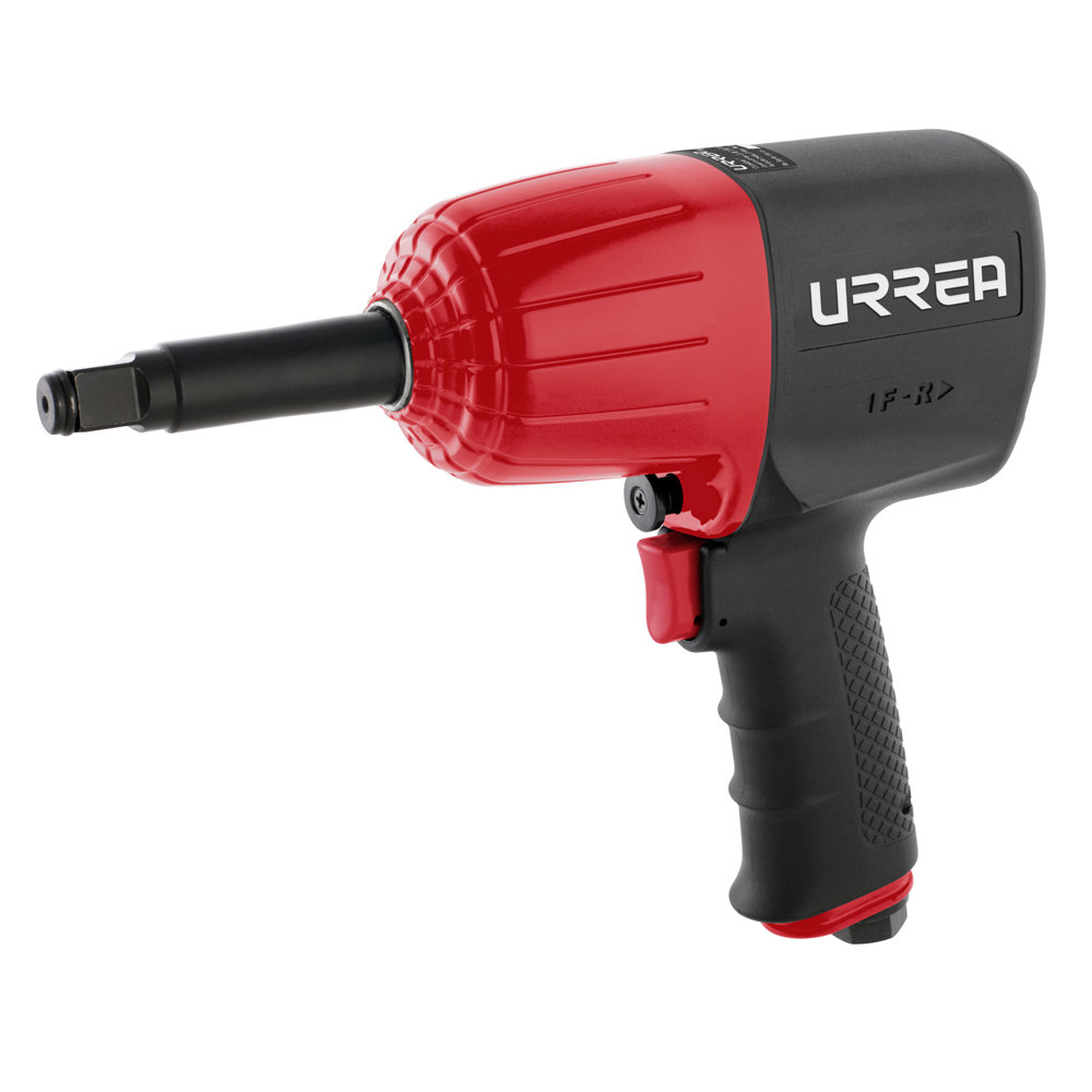 Pistola de impacto neumática con tamaño de cuadro de 1/2 in, capacidad de torque de 1000 ft-lb, velocidad sin carga de 7000 rpm, 1200 impactos por minuto, presión de trabajo de 90 psi, entrada de aire de 1/4 NPT y consumo de aire de 4.8 CFM Urrea