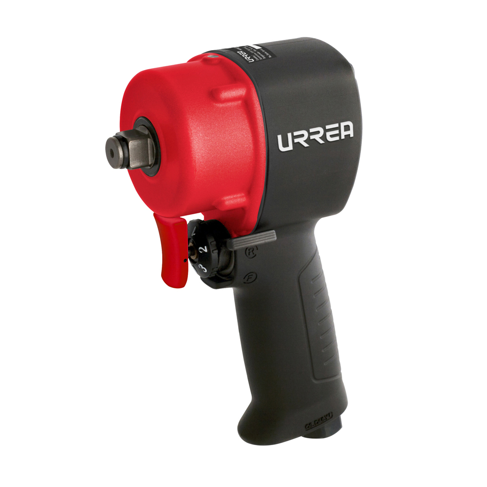 Pistola de impacto neumática con tamaño de cuadro de 1/2 in, capacidad de torque de 500 ft-lb, velocidad sin carga de 8000 rpm, 1200 impactos por minuto, presión de trabajo de 90 psi, entrada de aire de 1/4 NPT y consumo de aire de 4.3 CFM Urrea