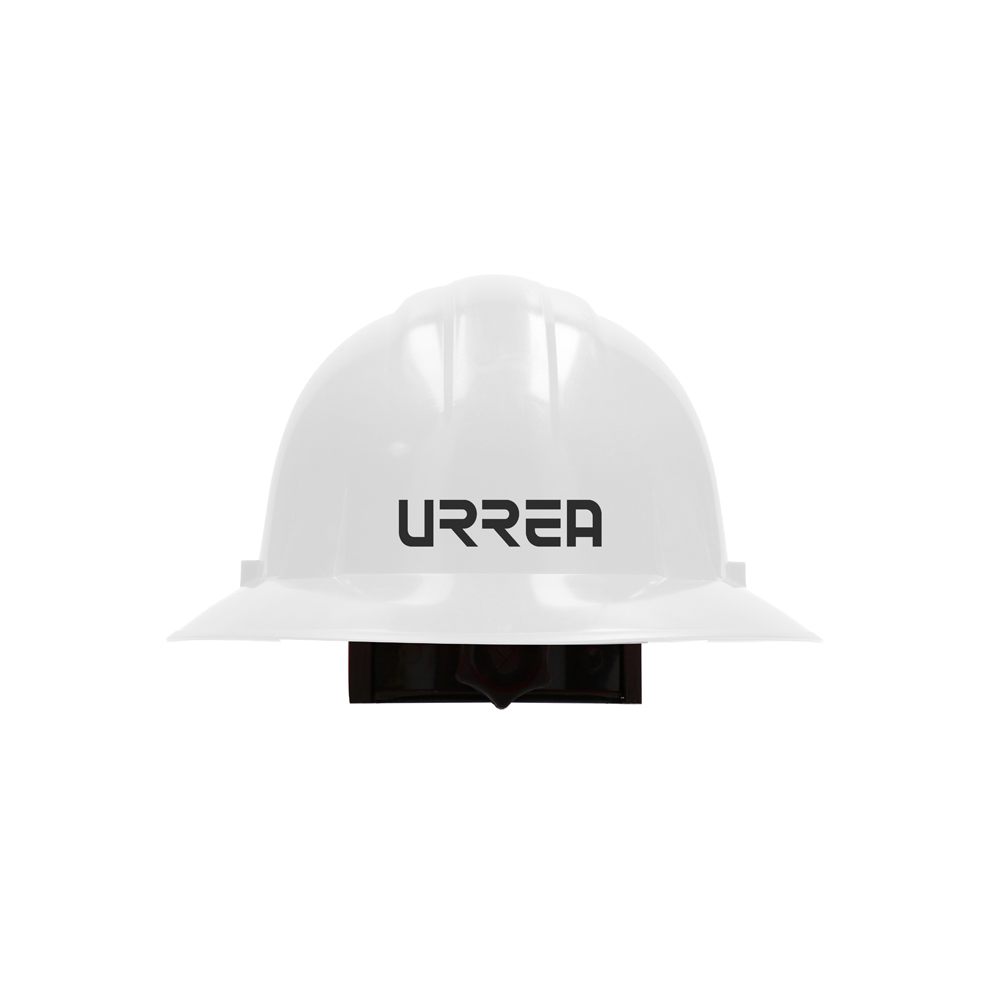 Casco de seguridad de ala completa con 4 puntos de suspensión, dieléctrico, con arnés de polietileno y ajuste por matraca color blanco Urrea