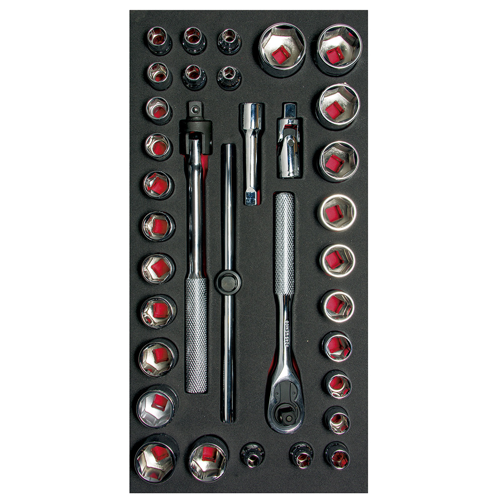 Juego dados y acc. Cuadro 3/8 SAE & mm cortos 34 pzs Urrea